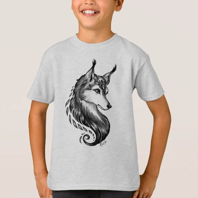 Black White Hand Drawn Wolf Boy's T-shirt (Front)