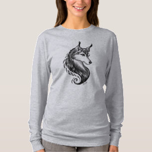 Black White Hand Drawn Wolf Off Shoulder Shirt