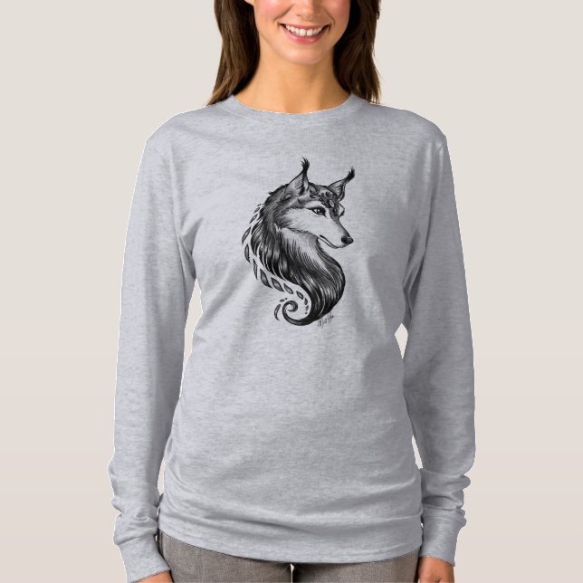 Black White Hand Drawn Wolf Off Shoulder Shirt (Front)