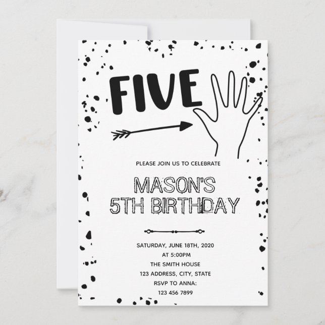 Black white hand gesture 5th birthday invitation (Front)
