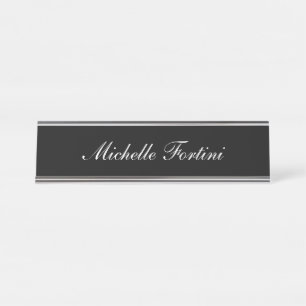 Black White Handwriting Minimalist Plain Modern Desk Name Plate