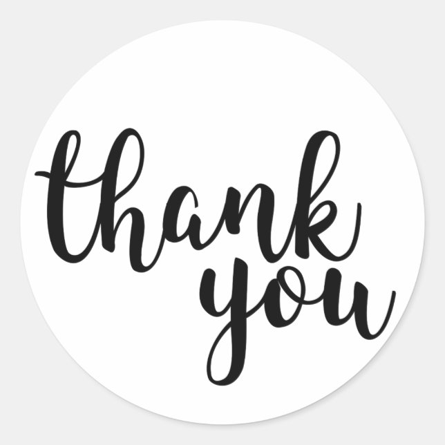 Black White Handwritten Script Simple Thank You Classic Round Sticker (Front)