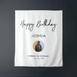 Black & White Happy Birthday Photo Party Backdrop Tapestry<br><div class="desc">This modern tapestry is perfect for a chic black and white colour theme birthday party. Your guest will enjoy taking a photo with this sophisticated party backdrop and remember your special day. The design features a white brush script " Happy Birthday " with a photo template. You can personalise the...</div>