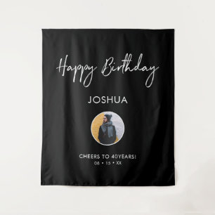Black & White Happy Birthday Photo Party Backdrop Tapestry