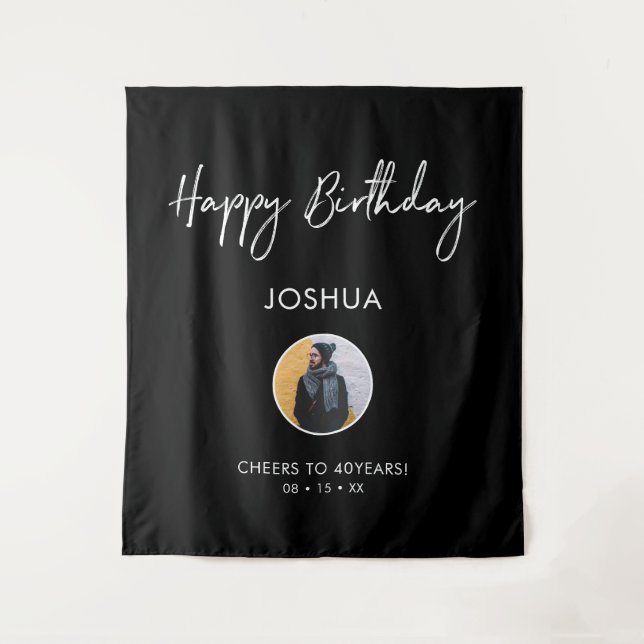 Black & White Happy Birthday Photo Party Backdrop Tapestry (Front)