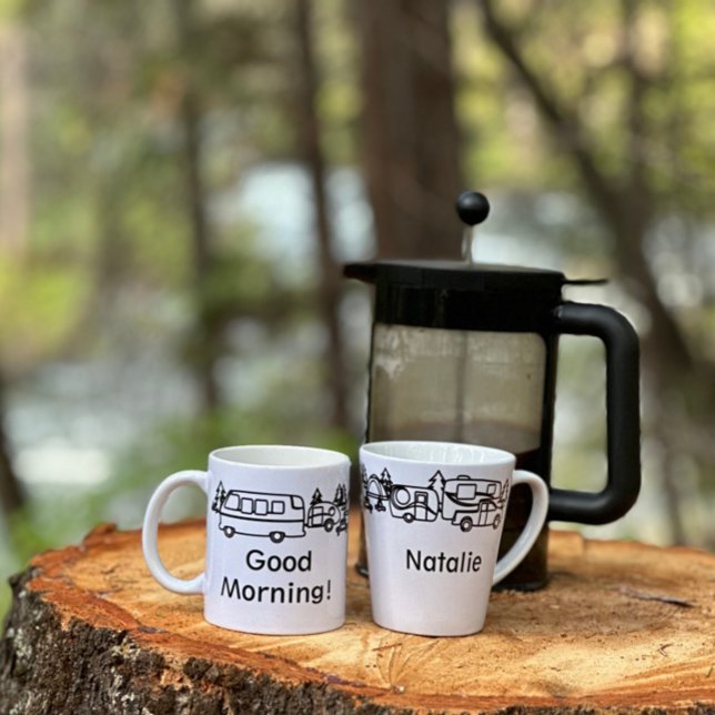 Black & White Happy Campers Personalised Latte Mug (Black & White Happy Campers Personalized Latte Mug for Natalie)