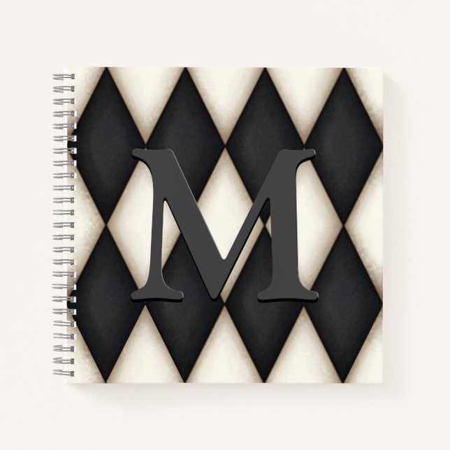 Black & White Harelquin Check Elegant 3-D Monogram Notebook (Front)