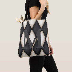Black & White Harelquin Check Elegant 3-D Monogram Tote Bag