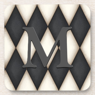 Black & White Harlequin Check Elegant 3-D Monogram Coaster