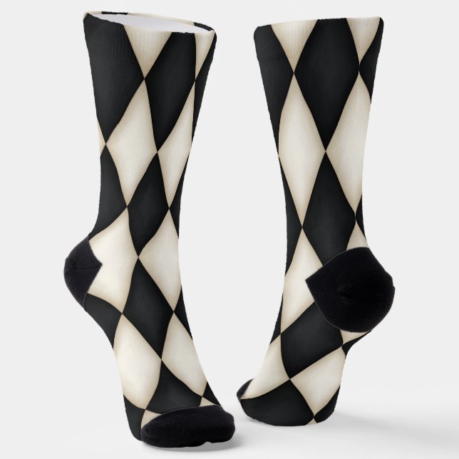 Black & White Harlequin Diamond Check Pattern Fun Socks (Angled)