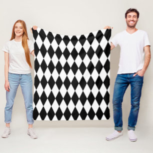 Black White Harlequin Diamonds Pattern Design  Fleece Blanket