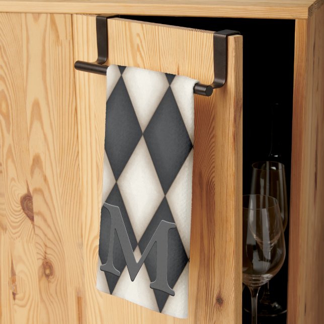 Black & White Harlequin Dramatic 3-D Monogram  Tea Towel (Thirds Fold)