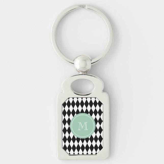 Black White Harlequin Pattern, Mint Green Monogram Key Ring (Front)