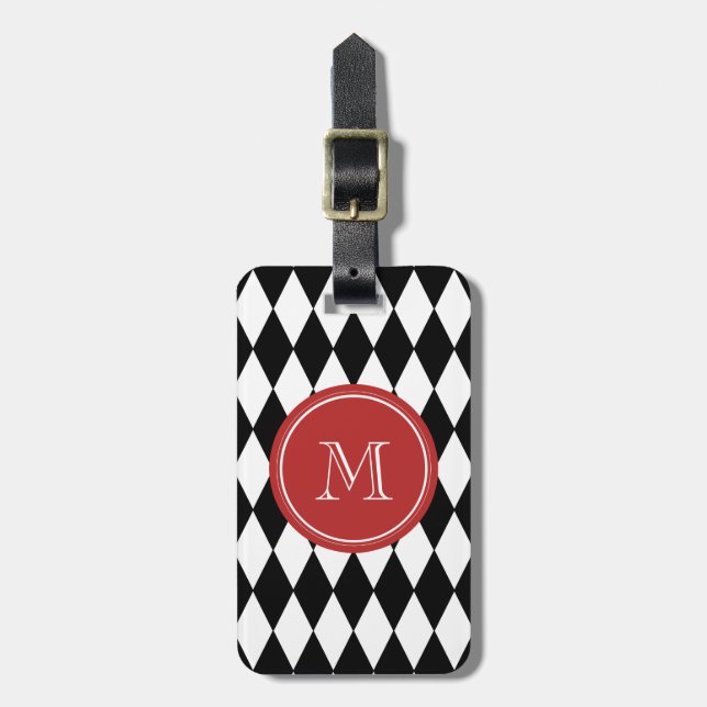 Black White Harlequin Pattern, Red Monogram Luggage Tag (Front Vertical)