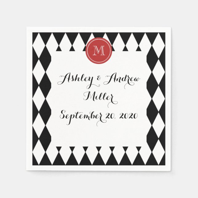 Black White Harlequin Pattern, Red Monogram Napkin (Front)