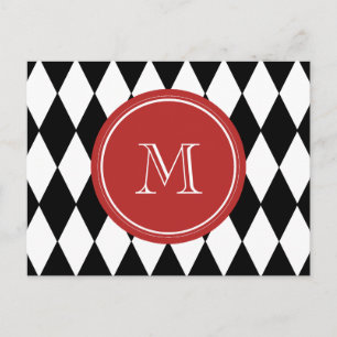 Black White Harlequin Pattern, Red Monogram Postcard