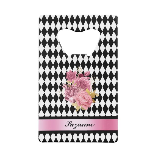 Black White Harlequin with Pink Flower and Name (Front)