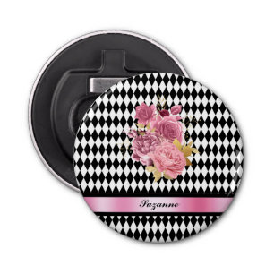Black White Harlequin with Pink Flower and Name Bottle Opener