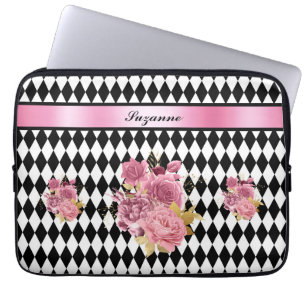 Black White Harlequin with Pink Flower and Name Laptop Sleeve