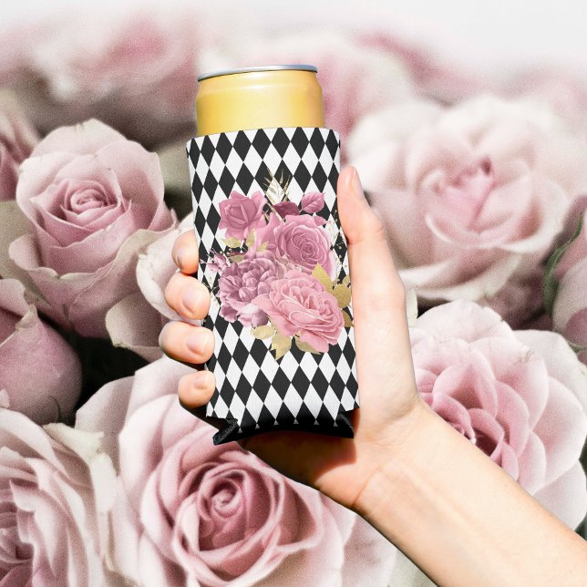 Black White Harlequin with Pink Flowers Can Cooler (Creator Uploaded)