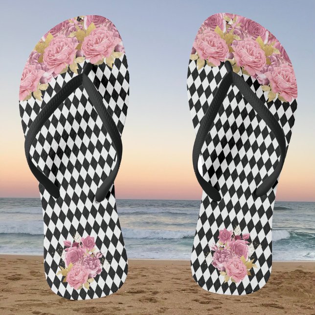 Black White Harlequin with Pink Flowers Jandals (Creator Uploaded)