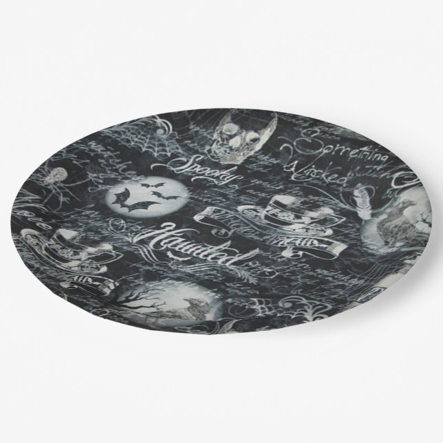 Black & White Haunted Halloween Paper Plates (Angled)