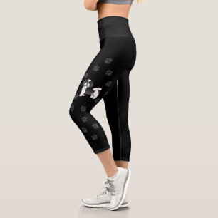 Black & White Havanese Cartoon Dog With Paw Prints Capri Leggings