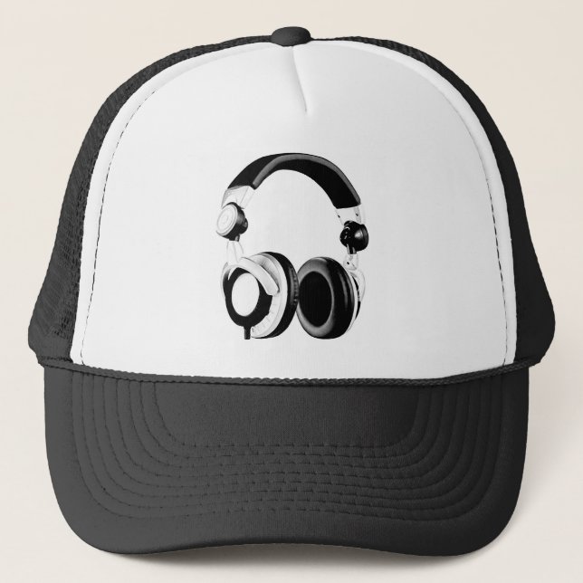 Black & White Headphone Artwork Trucker Hat (Front)
