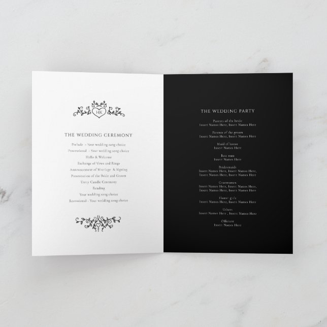 Black white heart and leaf monogram art wedding programme (Inside)