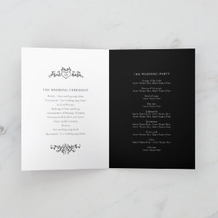 Black white heart and leaf monogram art wedding programme