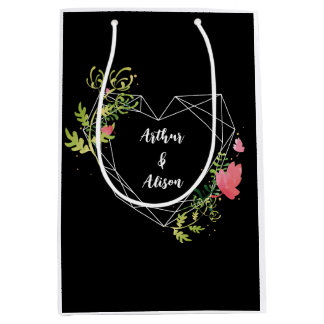 Black & White Heart Custom Name Wedding Favour Medium Gift Bag