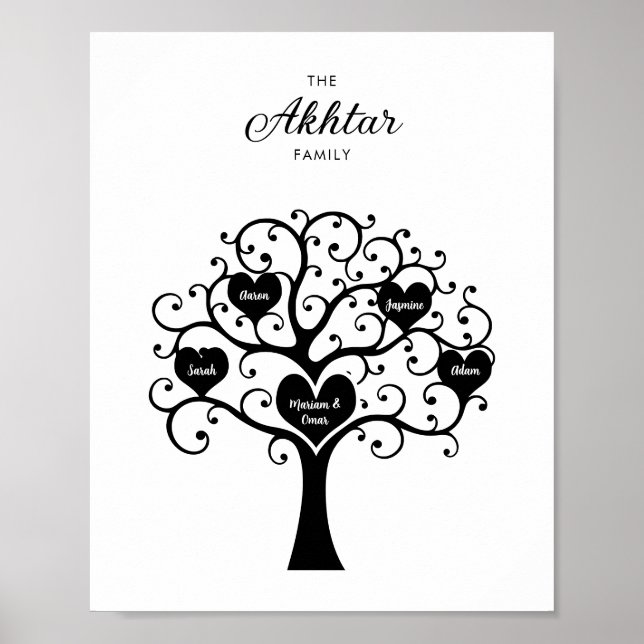 Black & White Heart Family Tree Poster (Front)