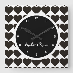 Black & White Heart Print Girl's Bedroom Square Wall Clock