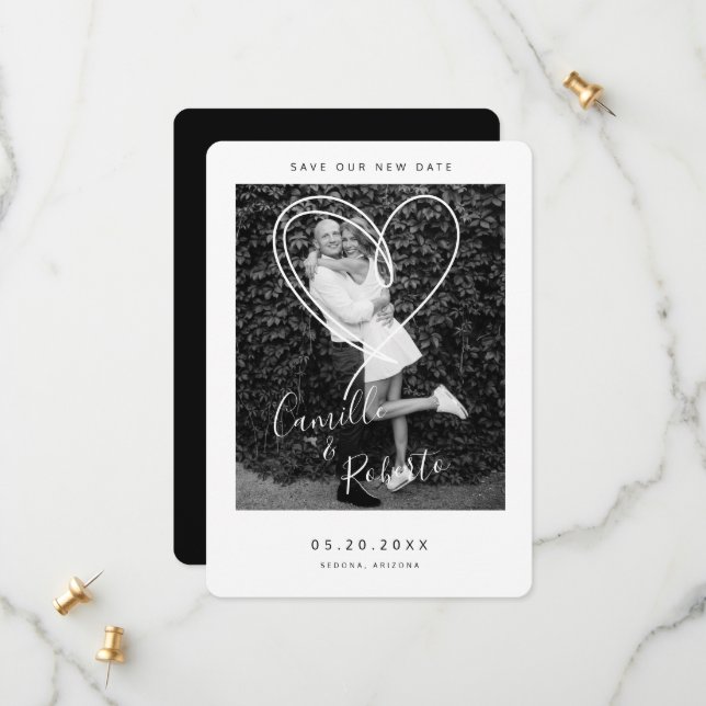 Black & White Heart Save Our New Date Modern Save The Date (Front/Back In Situ)