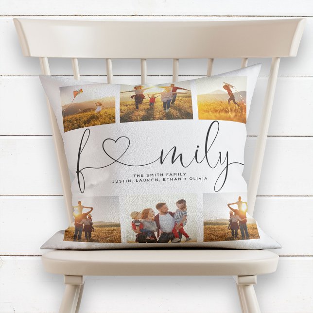 Black & White Heart Script 6 Photo Family Collage Cushion (Creator Uploaded)
