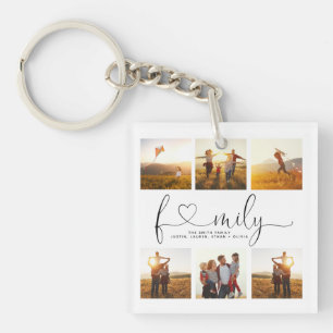 Black & White Heart Script 6 Photo Family Collage Key Ring