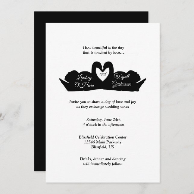 Black & White Heart & Swans Modern Minimal Wedding Invitation (Front/Back)