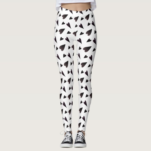 Black White Heart Watercolor Women's Leggings (Front)