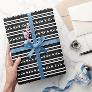 Black & White Hearts in Stripes Wrapping Paper