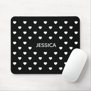 Black White Hearts Polka Dot Pattern Personalised Mouse Pad