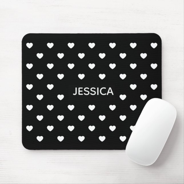 Black White Hearts Polka Dot Pattern Personalised Mouse Pad (With Mouse)