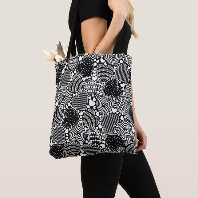 Black White Hearts Tote Bag (Close Up)