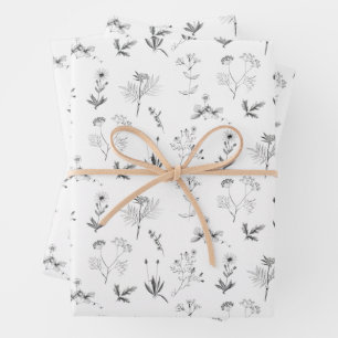 Black & White Herbs Botanical Wildflowers Pattern  Wrapping Paper Sheet