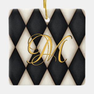 Black & White Herlequin Faux Antique Monogrammed Ceramic Ornament