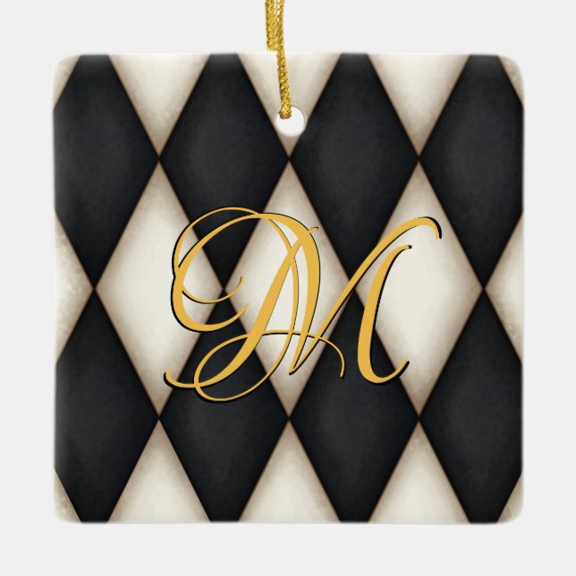 Black & White Herlequin Faux Antique Monogrammed  Ceramic Ornament (Front)