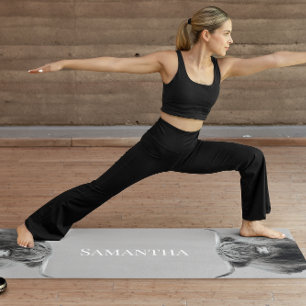 Black White Highland Cow  Monogram name   Yoga Mat