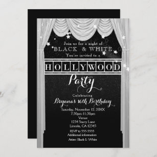 Black & White HOLLYWOOD Curtains Party Invitations