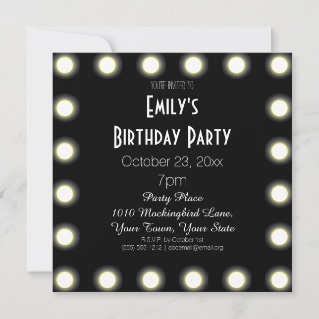 Black & White Hollywood Theme Birthday Party Invitation (Front)