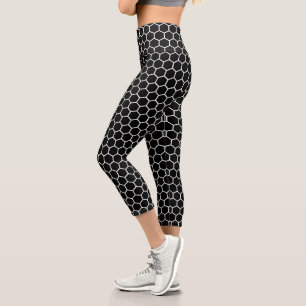 Black White Honeycomb Geometric Hexagonal Pattern Capri Leggings