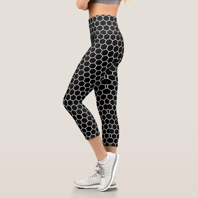 Black White Honeycomb Geometric Hexagonal Pattern Capri Leggings (Left)